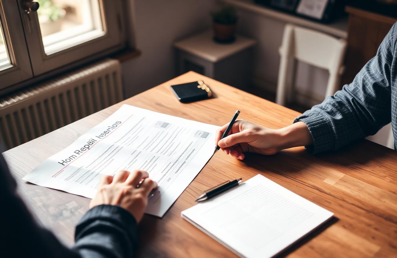 Homeowner reviewing repair paperwork at a wooden desk