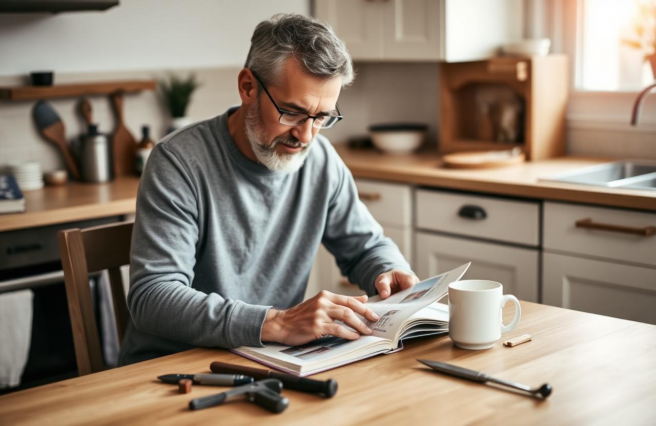 Homeowner reading a home repair guidebook at a kitchen table