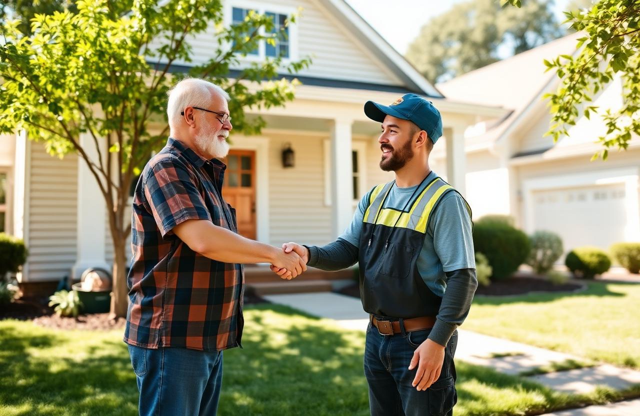 Homeowner shaking hands with a local tradesperson in front of a house