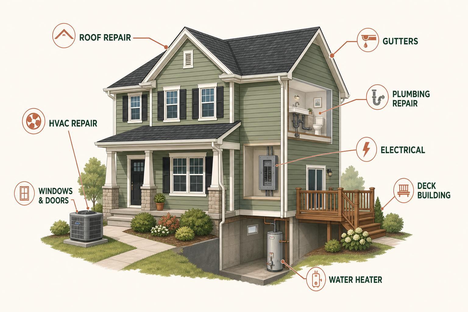 Illustration of a house with labels pointing to roof repair, gutters, HVAC repair, plumbing repair, electrical, windows and doors, deck building, and water heater